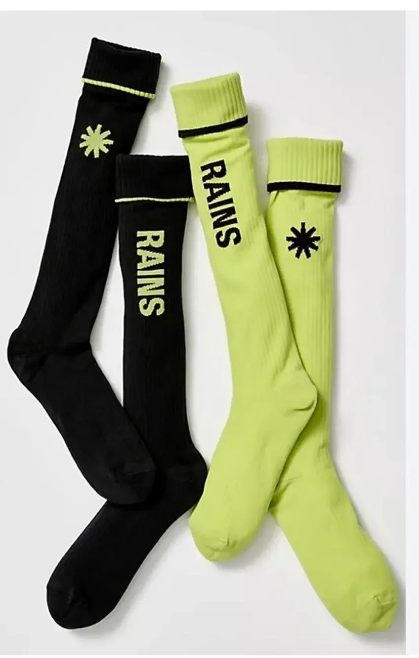 Rains Logo Cuff Socks Lime & Blk Mid 2 Pk Unisex Sz 37-39 Men 5.5-7 Woman 6-8